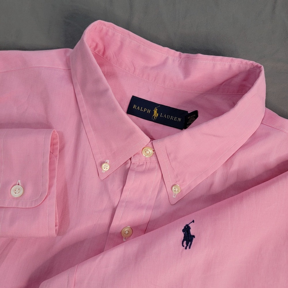 Ralph Lauren Button Down Long Sleeve Shirt Men's 2XL Pink Solid Dress Shirt Pony